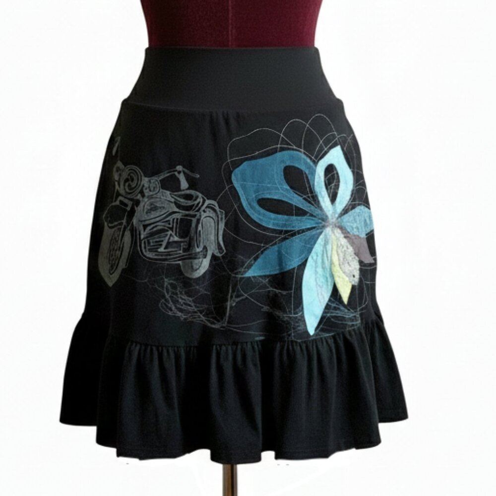 Eve Lavoie Designer Skirt - Motorcycle & Floral Screenprint - Ruffle Hem  medium